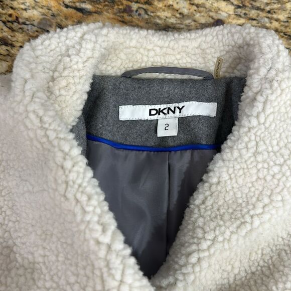 DKNY Wool Blend Asymmetrical Fleece Trimmed Coat In Gray Size 2 - Picture 6 of 13